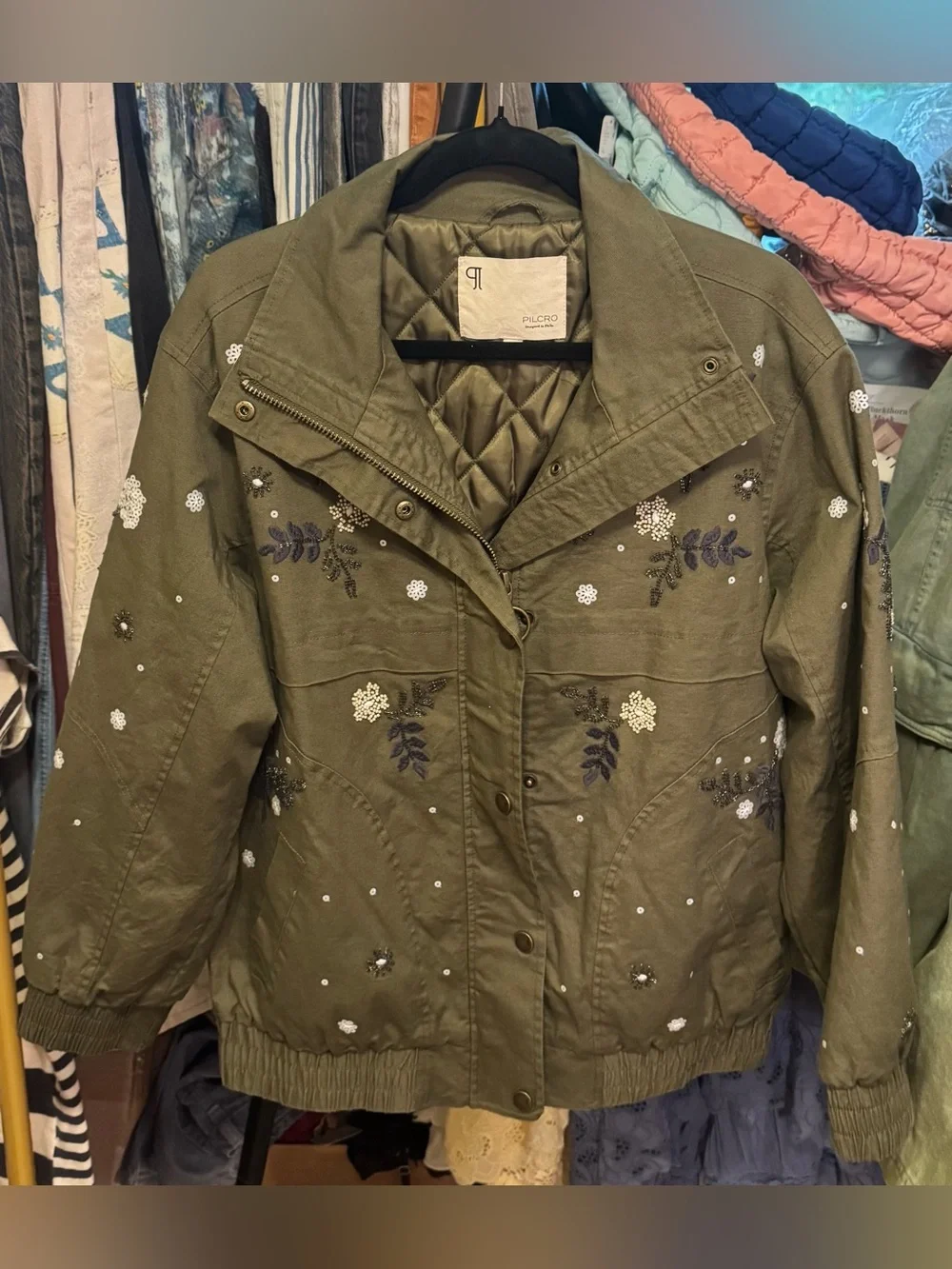 NWOT Anthropologie Pilcro Oversized Sequin Bomber Jacket - green - Small
